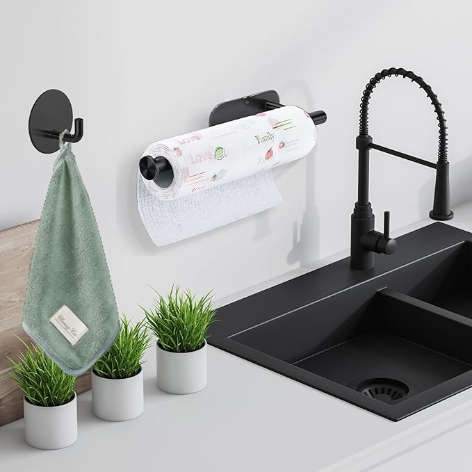 Paper Towel Holder with 2 Hooks-Under Cabinet Paper Towel Holder for Kitchen, Self-Adhesive or Screws, Space Saving Wall Mounted Kitchen Roll Holder, Bathroom, Stainless Steel Matte Black