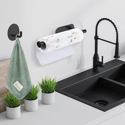 Paper Towel Holder with 2 Hooks-Under Cabinet Paper Towel Holder for Kitchen, Self-Adhesive or Screws, Space Saving Wall Mounted Kitchen Roll Holder, Bathroom, Stainless Steel Matte Black
