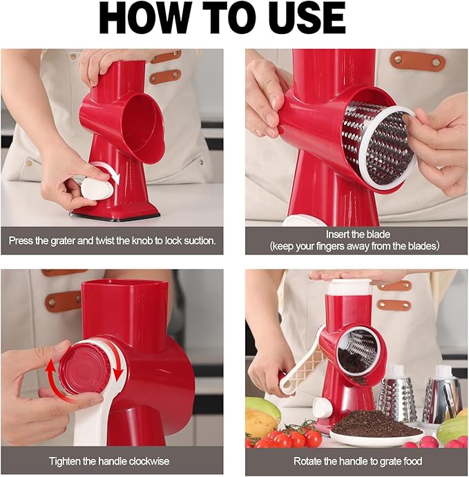 Cheese Grater Cheese Shredder with 3 Interchangeable Blades, Rotary Cheese Grater Manual Vegetable Slicer with Non-slip Suction Base Peanut Nuts Grinder Vegetable Shredder Red - Image 8