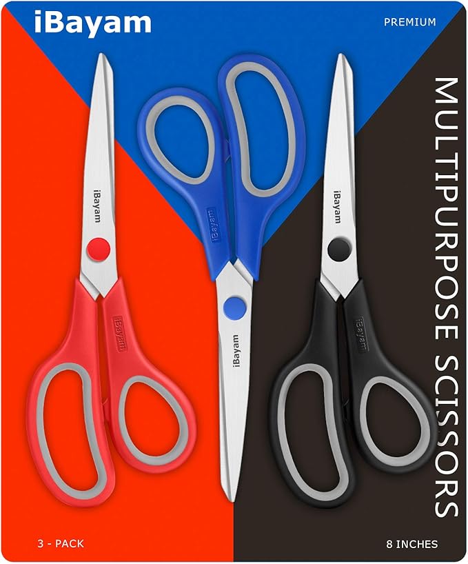 Scissors, iBayam 8" All Purpose Scissors Bulk 3-Pack, Ultra Sharp 2.5mm Thick Blade Shears Comfort-Grip for Office Desk Accessories Sewing Fabric Home Craft School Supplies, Right/Left Handed - Image 8