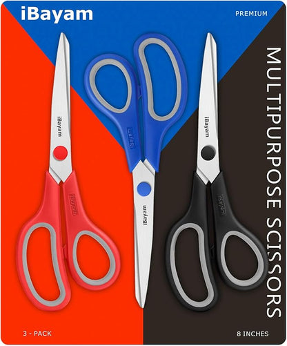 Scissors, iBayam 8" All Purpose Scissors Bulk 3-Pack, Ultra Sharp 2.5mm Thick Blade Shears Comfort-Grip for Office Desk Accessories Sewing Fabric Home Craft School Supplies, Right/Left Handed - Image 8
