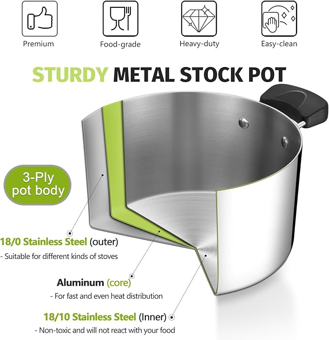 5 Quart 3-Ply Cooking Stock Pot with Lid, P&P CHEF Stainless Steel Large Pot for Pasta Soup, Work on Multi Stove, Heavy Duty & Dishwasher Safe, Dual Heat-resistant Handles & Brown Glass Lid - Image 4