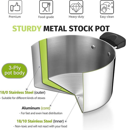 5 Quart 3-Ply Cooking Stock Pot with Lid, P&P CHEF Stainless Steel Large Pot for Pasta Soup, Work on Multi Stove, Heavy Duty & Dishwasher Safe, Dual Heat-resistant Handles & Brown Glass Lid - Image 4