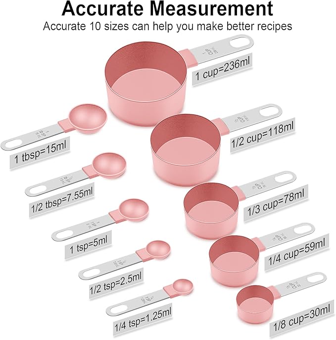 Measuring Cups and Spoons Set, 10 Pieces Nesting Measure Tools, Kitchen Essentials Gadgets with Stainless Steel Handle for Dry & Liquid Ingredient, Pink - Image 3