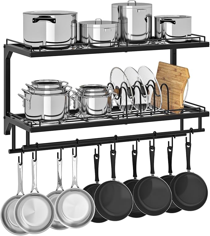 CHOEZON Pot Rack, Wall Mounted Pan Holder, 2-Tier Pot and Pan Organizer, Pot Hanger with 10 S-Shaped Hooks, Cookware Organizer with 5 Removable Metal Wire Dividers, Black TPR35BB by Choezon