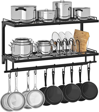 CHOEZON Pot Rack, Wall Mounted Pan Holder, 2-Tier Pot and Pan Organizer, Pot Hanger with 10 S-Shaped Hooks, Cookware Organizer with 5 Removable Metal Wire Dividers, Black TPR35BB by Choezon