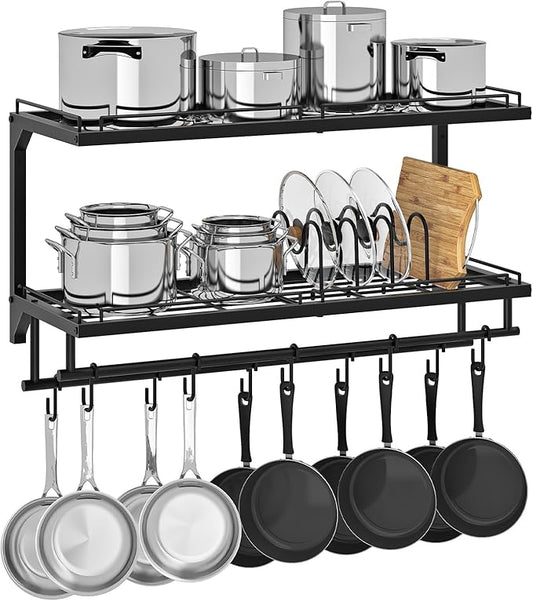 CHOEZON Pot Rack, Wall Mounted Pan Holder, 2-Tier Pot and Pan Organizer, Pot Hanger with 10 S-Shaped Hooks, Cookware Organizer with 5 Removable Metal Wire Dividers, Black TPR35BB by Choezon