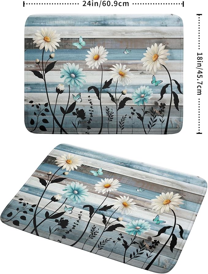 Blue White Daisy Floral Dish Drying Mat for Kitchen Counter,Sprinng Rustic Wood Drying Mat 18 x 24 Inch with Absorbent Reversible Microfiber Drying Pad for Coffee Bar - Image 2