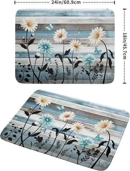 Blue White Daisy Floral Dish Drying Mat for Kitchen Counter,Sprinng Rustic Wood Drying Mat 18 x 24 Inch with Absorbent Reversible Microfiber Drying Pad for Coffee Bar - Image 2