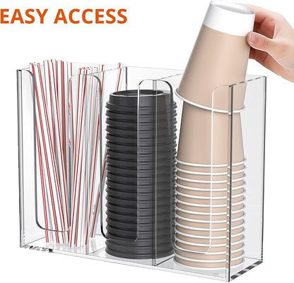 Richboom Acrylic Coffee Cup and Lid Storage Organizer Holder, 3 Compartments, Clear - Image 5