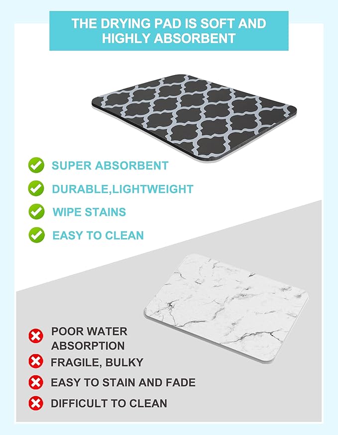 Dish Drying Mat for Kitchen Counter, 12"x19" Dish Drying Pad with Non-slip Rubber Backed, Hide Stain Anti Absorbent for Kitchen Counter, Drying Mat for Coffee Machine Dish Rack (Gray Trellis) - Image 3