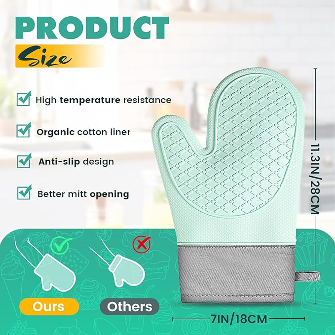 Silicone Oven Mitts (2 PCS), Waterproof Non Slip Grip Oven Gloves with Thick Soft Cotton Lining, Universal Fit Heat Resistant Kitchen Gloves for Baking, BBQ, Cooking and Grilling-Green