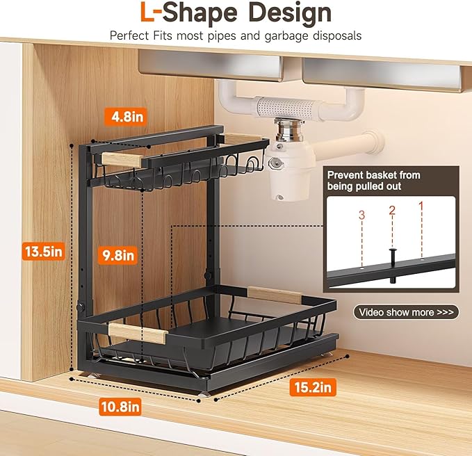 Sevenblue 2 Packs Under Sink Organizer, Height Adjustable 2 Tier Under Kitchen Sink Organizer, Multi-Purpose Storage Shelf for Kitchen Bathroom Cabinet (Black, Extra Large) - Image 2