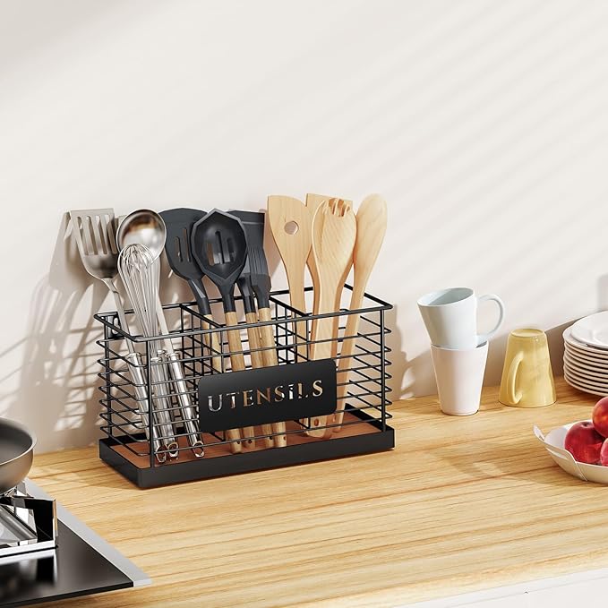 THYGIFTREE Utensil Holder for Kitchen Counter Large Black Metal Cooking Utensil Organizer 3 Compartments for Countertop Kitchen Tool Spatula Holder Wood Base - Image 6