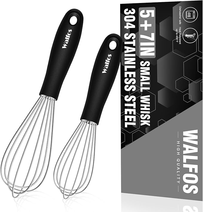 Walfos Mini Stainless Steel Whisk for Cooking - Heat Resistant Kitchen Whisks for Non-stick Cookware, Balloon Egg Beater Perfect for Blending, Whisking, Beating, Frothing & Stirring, 5+7in/12+17cm by Walfos