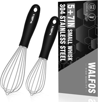 Walfos Mini Stainless Steel Whisk for Cooking - Heat Resistant Kitchen Whisks for Non-stick Cookware, Balloon Egg Beater Perfect for Blending, Whisking, Beating, Frothing & Stirring, 5+7in/12+17cm by Walfos