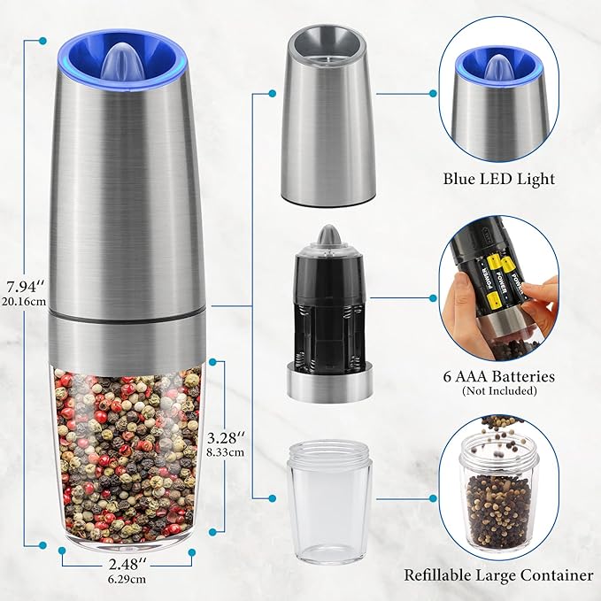 Gravity Electric Salt and Pepper Grinder Set, Battery Powered LED Light One Hand Automatic Operation, Adjustable Coarseness Mill Grinders Shakers Black (B.Silver 2p)