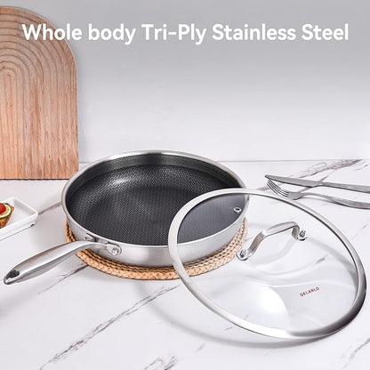 DELARLO Tri-Ply Stainless Steel Pan, 18/10 Frying Pan, Oven Safe Up to 600°F, Nontoxic Cookware, Compatible with All Cooktops Skillet, Durable, Fast Even Heat Fry Pan,12" Hybird Pan - Image 6