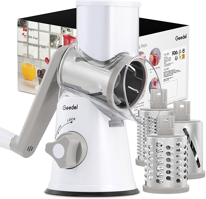 Geedel Rotary Cheese Grater, Kitchen Mandoline Vegetable Slicer with 3 Interchangeable Blades, Easy to Clean Rotary Grater Slicer for Fruit, Vegetables, Nuts by Geedel