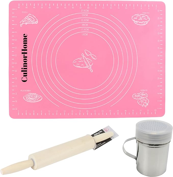 Baking Essentials for Home Bakery, Homesteading Essentials - Silicone Baking Pastry Mat for Rolling Dough and Powdered Cinnamon Sugar Shaker Duster Bundle with Mini Wooden Rolling Pin/Dough Roller by Unknown