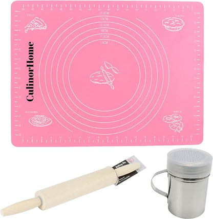 Baking Essentials for Home Bakery, Homesteading Essentials - Silicone Baking Pastry Mat for Rolling Dough and Powdered Cinnamon Sugar Shaker Duster Bundle with Mini Wooden Rolling Pin/Dough Roller by Unknown