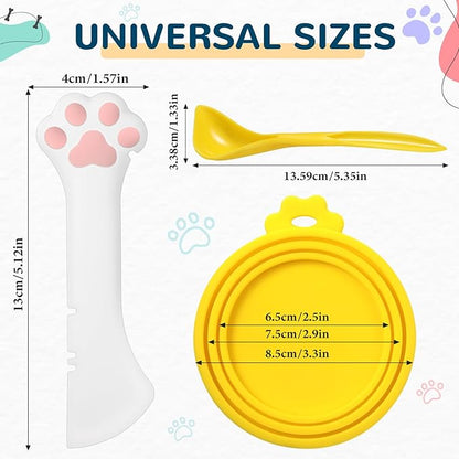 Uiifan Cat Food Lid Cat Food Can Covers Lids 8 Pcs Pet Can Supplies Set 5 Silicone Wet Kitten Foodstuff Tin Covers Lids 2 Silicone Dog Spoons 1 Paw Shape Multifunctional Opener for Pets(Yellow)