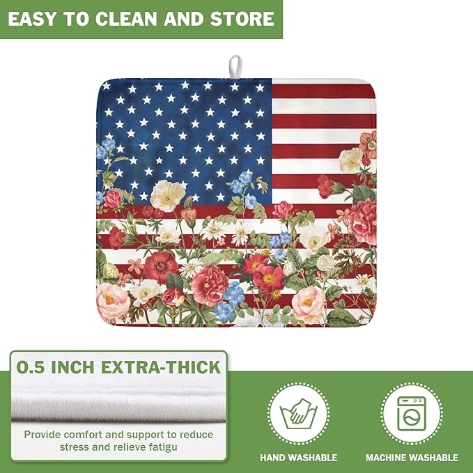 4th of July Dish Drying Mat 18x16 Inch, Patriotic Drying Mat with Absorbent Reversible Microfiber, Independence Day Dish Drainer Mats Memorial Day Rack Pad for Coffee Countertop Kitchen Protector
