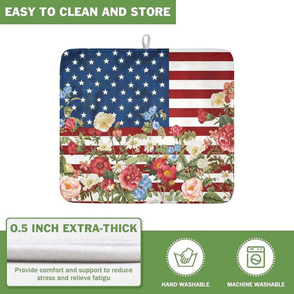 4th of July Dish Drying Mat 18x16 Inch, Patriotic Drying Mat with Absorbent Reversible Microfiber, Independence Day Dish Drainer Mats Memorial Day Rack Pad for Coffee Countertop Kitchen Protector
