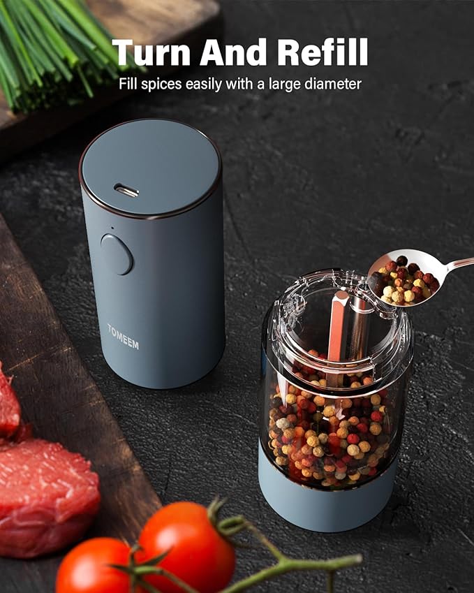 TOMEEM Upgraded Larger Capacity Electric Salt and Pepper Grinder Set Rechargeable with LED lights, Stainless Steel Automatic Pepper and Salt Grinder Refillable with 5 Adjustable Coarseness Blue - Image 5