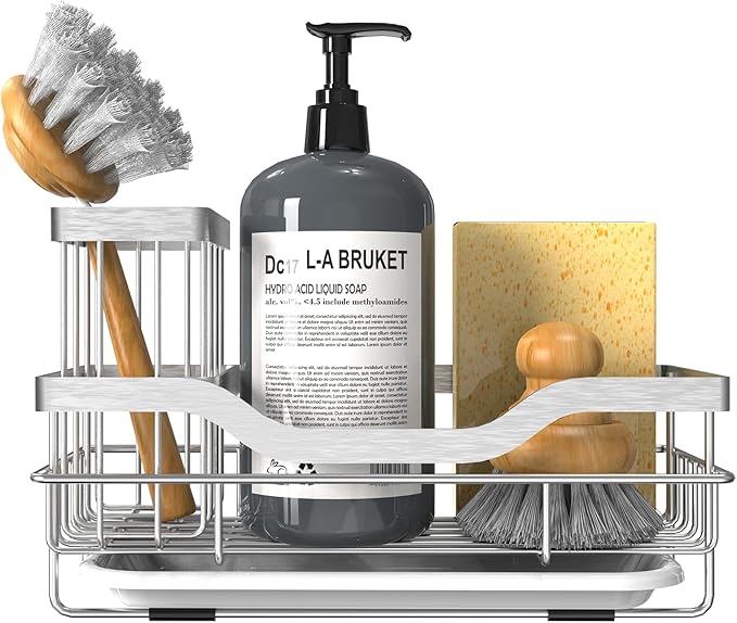Vanwood Kitchen Sink Caddy Organizer Sponge Holder for Kitchen Sink, Rustproof Dish Soap Sponge Caddy for Counter with Detachable Brush Holder & Drain Tray - Storage Home & Cocina Accesorios, SILVER - Image 8