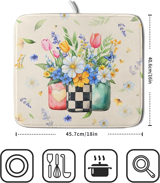 Giwawa Spring Flower Vases Dish Drying Mat for Countertop, 16"x18" Watercolor Floral Mason Jar Dish Drainer Mats, Wildflower Botanical Fast Dry Microfiber Small Dish Drying Pad Decoration