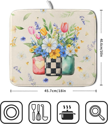 Giwawa Spring Flower Vases Dish Drying Mat for Countertop, 16"x18" Watercolor Floral Mason Jar Dish Drainer Mats, Wildflower Botanical Fast Dry Microfiber Small Dish Drying Pad Decoration