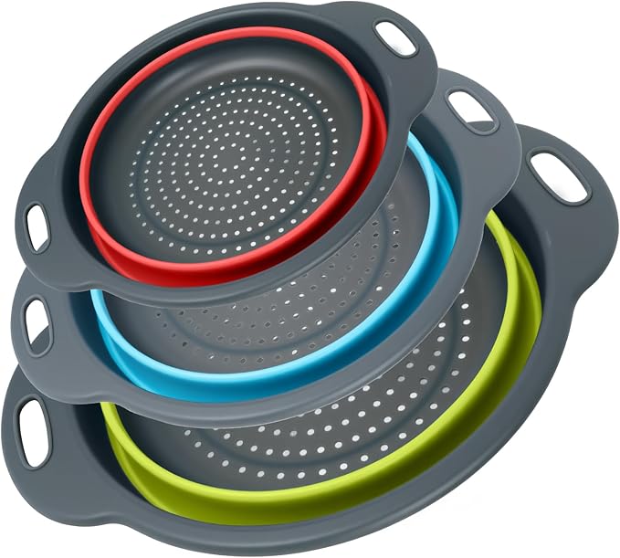 Collapsible Colander 3-Pack Set Space-Saving Foldable Kitchen Strainer with Non-Slip Base Durable Thickened PP+TPE Collapsible Strainers for Pasta, Vegetables, Fruits (Gray-Blue-Red-Green) by CLUREN