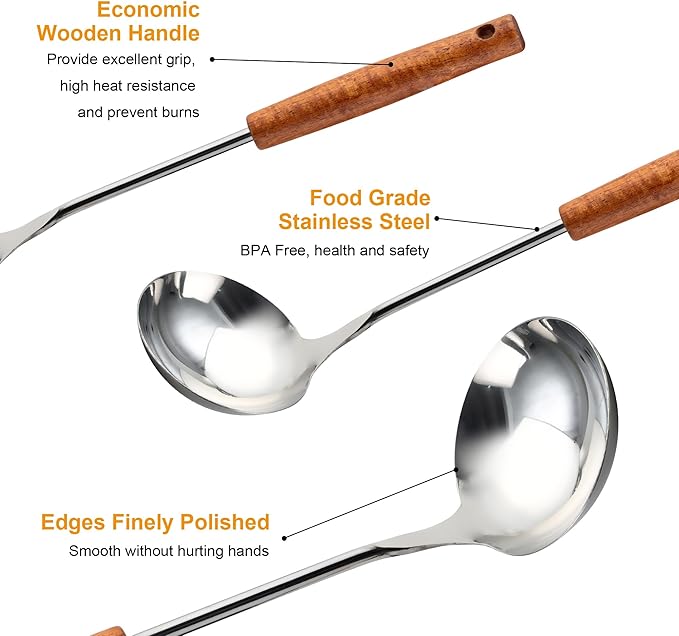 FJNATINH Soup Ladle, Food Grade Stainless Steel Ladle, Cooking Soup Spoon Kitchen Tools with Heat Resistant Wooden Handle, 13.7 Inches - Image 4