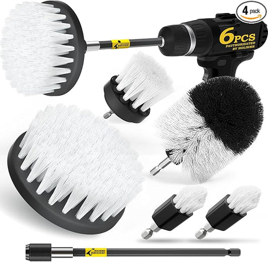 Holikme 6Pack Drill Brush Power Scrubber Cleaning Brush Extended Long Attachment Set All Purpose Drill Scrub Brushes Kit for Grout, Floor, Tub, Shower, Tile, Bathroom and Kitchen Surface White by Holikme
