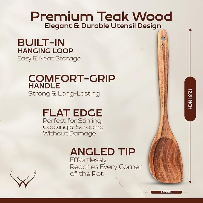 CORNER Teak Wooden Spoon for Cooking With Teak Spoon Rest - Made of Premium Natural Teak Wood - Image 3