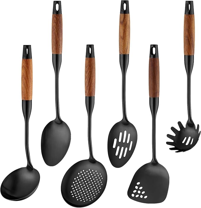 Izurok 18/10 Stainless Steel Kitchen Utensils Set,6 Piece Cooking Utensils With Wood Handle,Heat Resistant Kitchen Tool Set With Spatula, Spoon, Ladle, Skimmer, Slotted Spoon, Pasta by IzurokBuynow