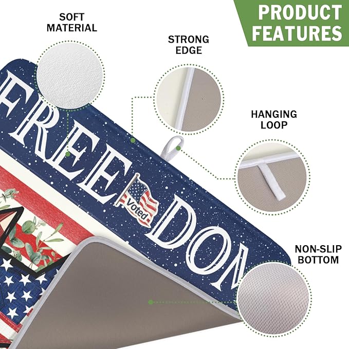 4th of July Dish Drying Mat 18x16 Inch, Patriotic Drying Mat with Absorbent Reversible Microfiber, Independence Day Dish Drainer Mats Memorial Day Rack Pad for Coffee Countertop Kitchen Protector