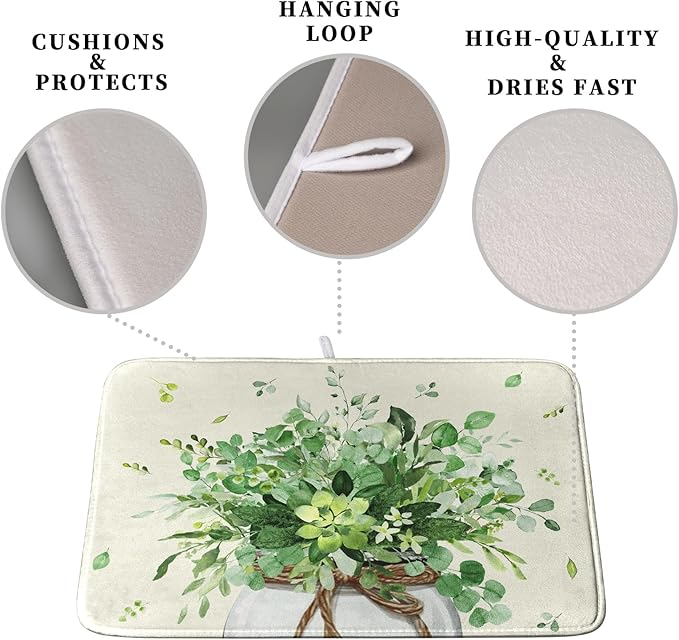 Spring Sage Green Leaves Dish Drying Mat for Kitchen Counter Eucalyptus Leaf Floral Mason Jar Dishes Drainer Mats Absorbent Microfiber Dish Draining Mat Washable Large Dish Pad 18x24 Inch - Image 3