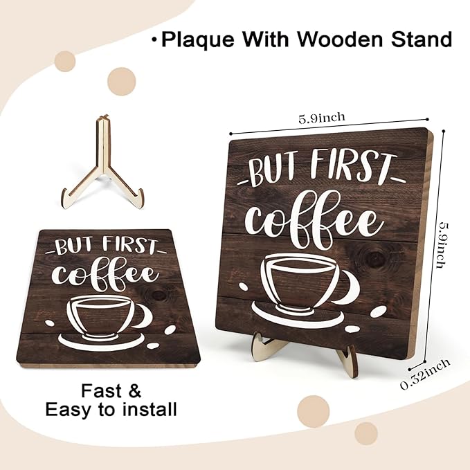 Vintage Coffee Bar Wooden Plaque Desk Sign, Farmhouse Wood Plaque Tabletop Decor for Cafe Bar Kitchen Office,Coffee Station Accessories 5.9x5.9Inch - Image 2