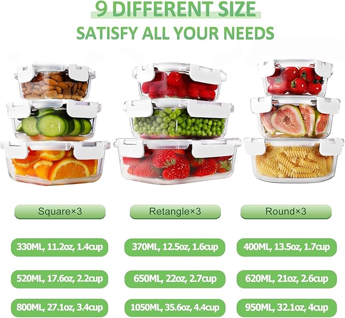 HOMBERKING Glass Food Storage Containers with Lids, [18 Piece] Meal Prep Containers, Airtight Lunch Bento Boxes (9 lids & 9 Containers) - White - Image 2