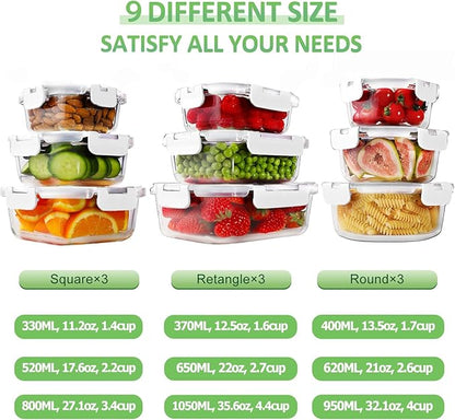 HOMBERKING Glass Food Storage Containers with Lids, [18 Piece] Meal Prep Containers, Airtight Lunch Bento Boxes (9 lids & 9 Containers) - White - Image 2
