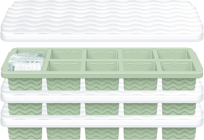 3-Pack Silicone Freezer Trays with Lid, Soup Freezer Container Molds, Silicone Freezer Molds, Ice Cube Tray for freezing Soup Sauce Broth Leftovers, Dishwasher & Oven Safe (10-cube,green)