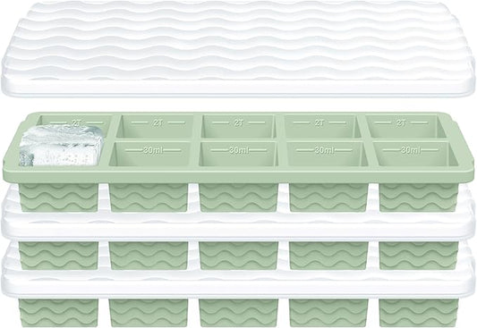 3-Pack Silicone Freezer Trays with Lid, Soup Freezer Container Molds, Silicone Freezer Molds, Ice Cube Tray for freezing Soup Sauce Broth Leftovers, Dishwasher & Oven Safe (10-cube,green)