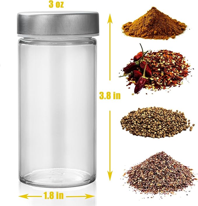 Tianifa 6 Pcs Glass Spice Jars/Bottles for Rotating Spice Rack-3oz Empty round Spice Containers with Airtight Metal Caps with Shaker Lids (6, Stainless Steel Lids) - Image 3