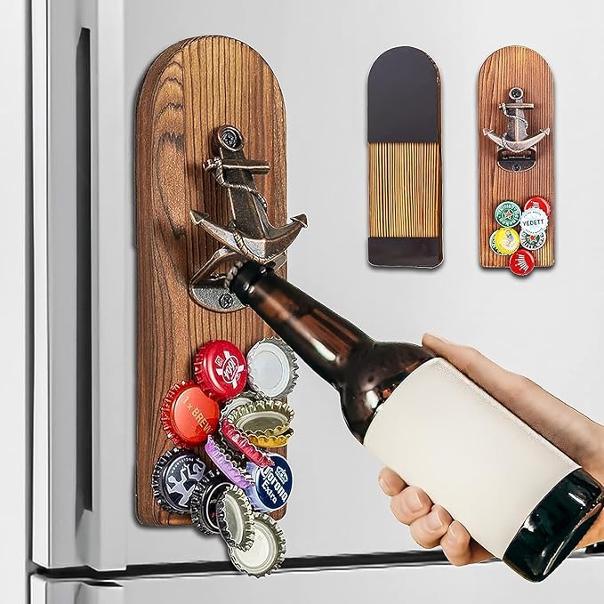 Beer Bottle Opener Wall Mounted with Magnetic Cap Catcher,Wooden Magnetic Bottle Opener for Fridge,Vintage Beer Gifts for Men, Man Cave Decor,Gifts for Men and Beer Lovers(Style 2)
