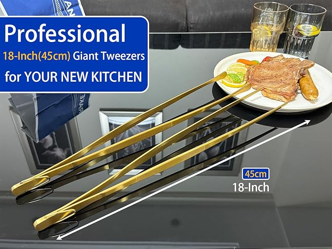 JETKONG 2 Pcs 18 Inch (45cm) Stainless Steel Grill Tongs Heavy Duty Giant Tweezer Tongs, Extra Large Tweezers Tools for Cooking, Grilling, BBQ and Turning Food (Gold) - Image 4