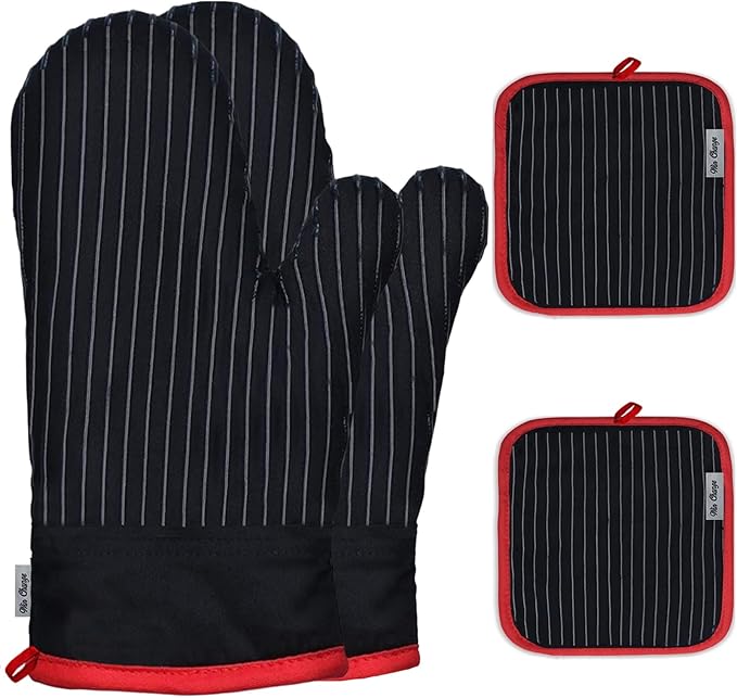 Oven Mitts and Pot Holders Sets,Oven Mitts and Potholders with Cotton High Heat Resistant Extra Thick Long Oven Mitts for Cooking 4 Pcs,Black Red by Win+Change