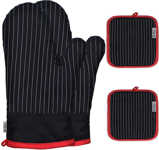 Oven Mitts and Pot Holders Sets,Oven Mitts and Potholders with Cotton High Heat Resistant Extra Thick Long Oven Mitts for Cooking 4 Pcs,Black Red by Win+Change