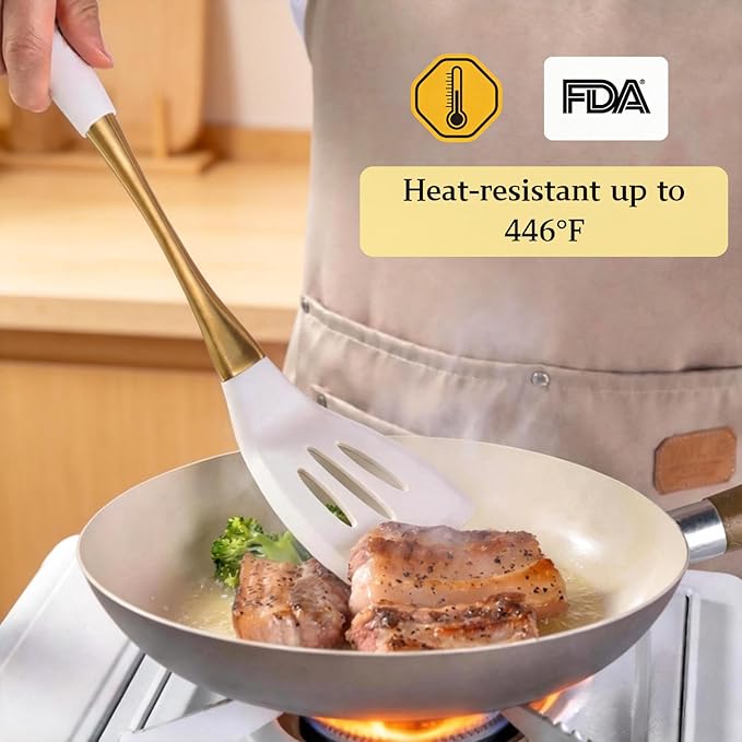 Heat-Resistant Kitchen Spatula Set – Non-Toxic Cooking Utensils with Solid & Slotted Designs –Food Grade Silicone and Gold-Plated Stainless Steel Handles –Ideal for Nonstick Cookware, Gold - Image 3